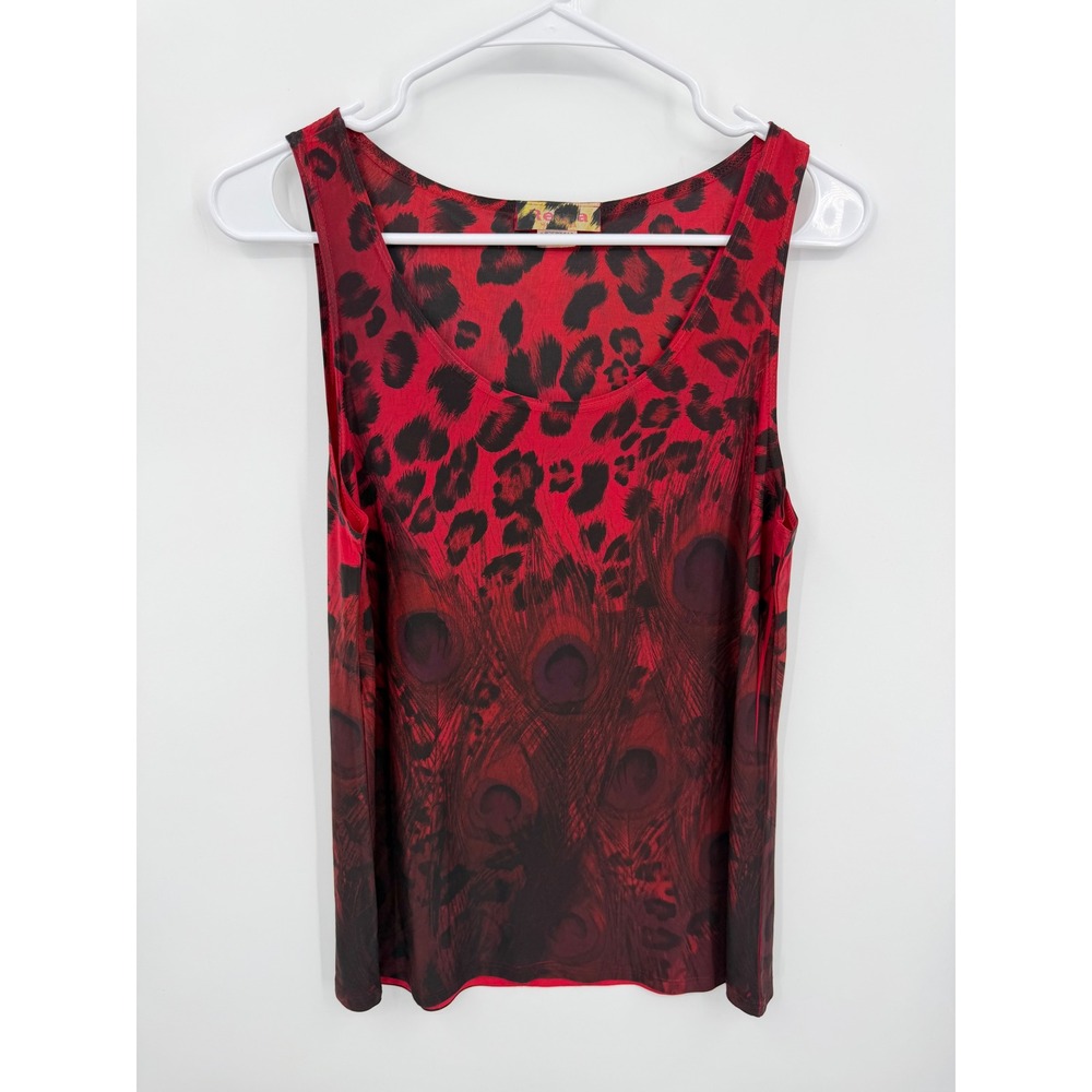 Vtg Reina Leopard Peacock Print Tank Top sz XS Red Black Sleeveless Scoop Neck